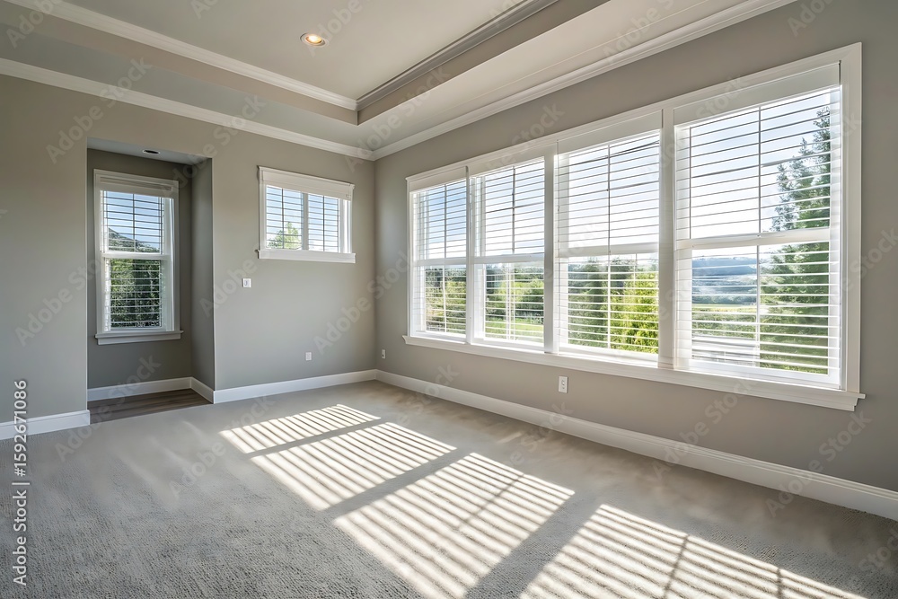 Fototapeta premium Sunlit empty interior room with soft carpet and large windows high resolution photo