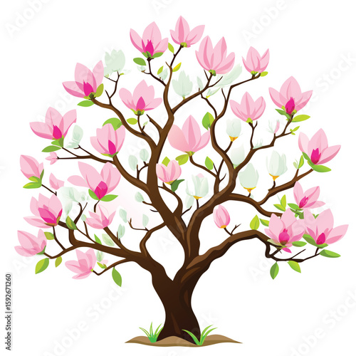 A magnificent vibrant spring tree adorned with exquisite white magnolia blossoms, celebrating the beauty of new life.