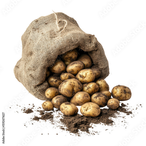 Fresh Organic Potatoes Spilling from Burlap Sack on White Background