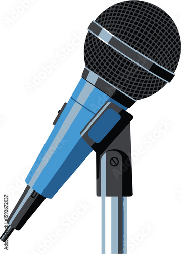 A blue microphone with a black mesh head on a silver stand against a white background in a studio setting