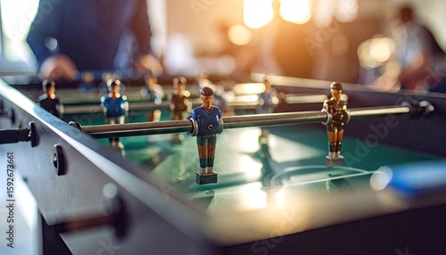 Close-up of a tabletop foosball game in action