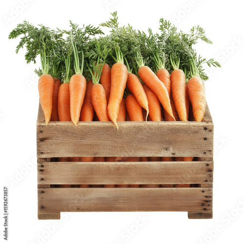 Fresh Carrots with Green Tops in Wooden Crate on White Background