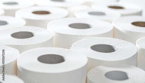 Close-up of many rolls of white toilet paper