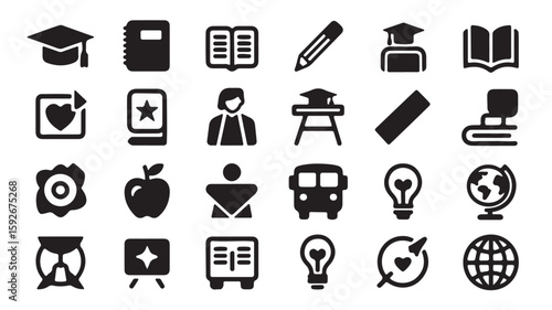 "Education and Classroom Icons – Book, Graduation, Teacher, and Study Symbols"
