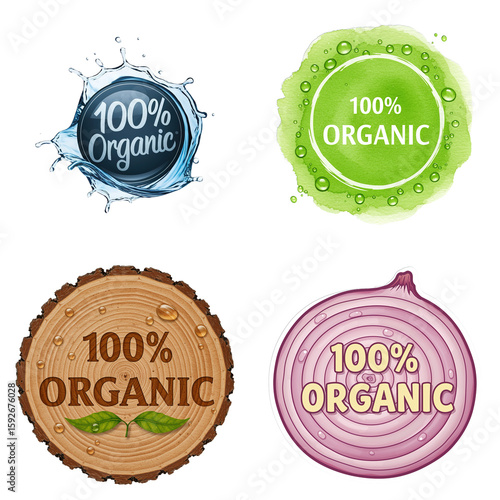 Four organic labels with water, green, wood and onion textures on a black background isolated