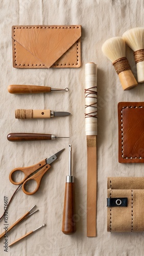 Leather crafting tools and projects displayed on a textured fabric surface