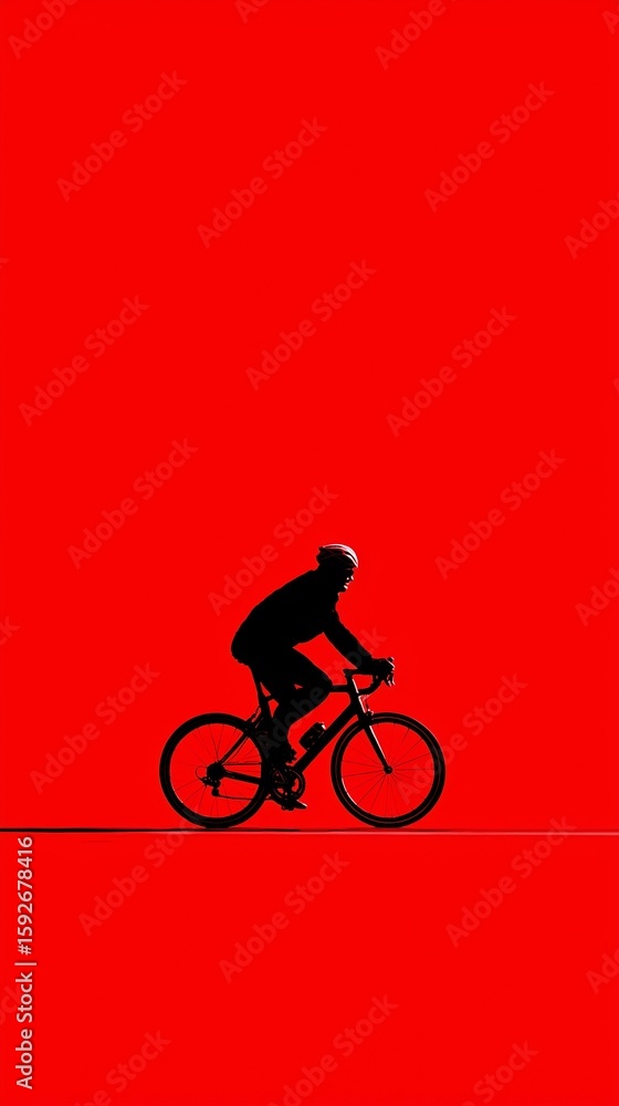 Fototapeta premium Cyclist silhouette on red minimalist background, strong contrast conceptual image