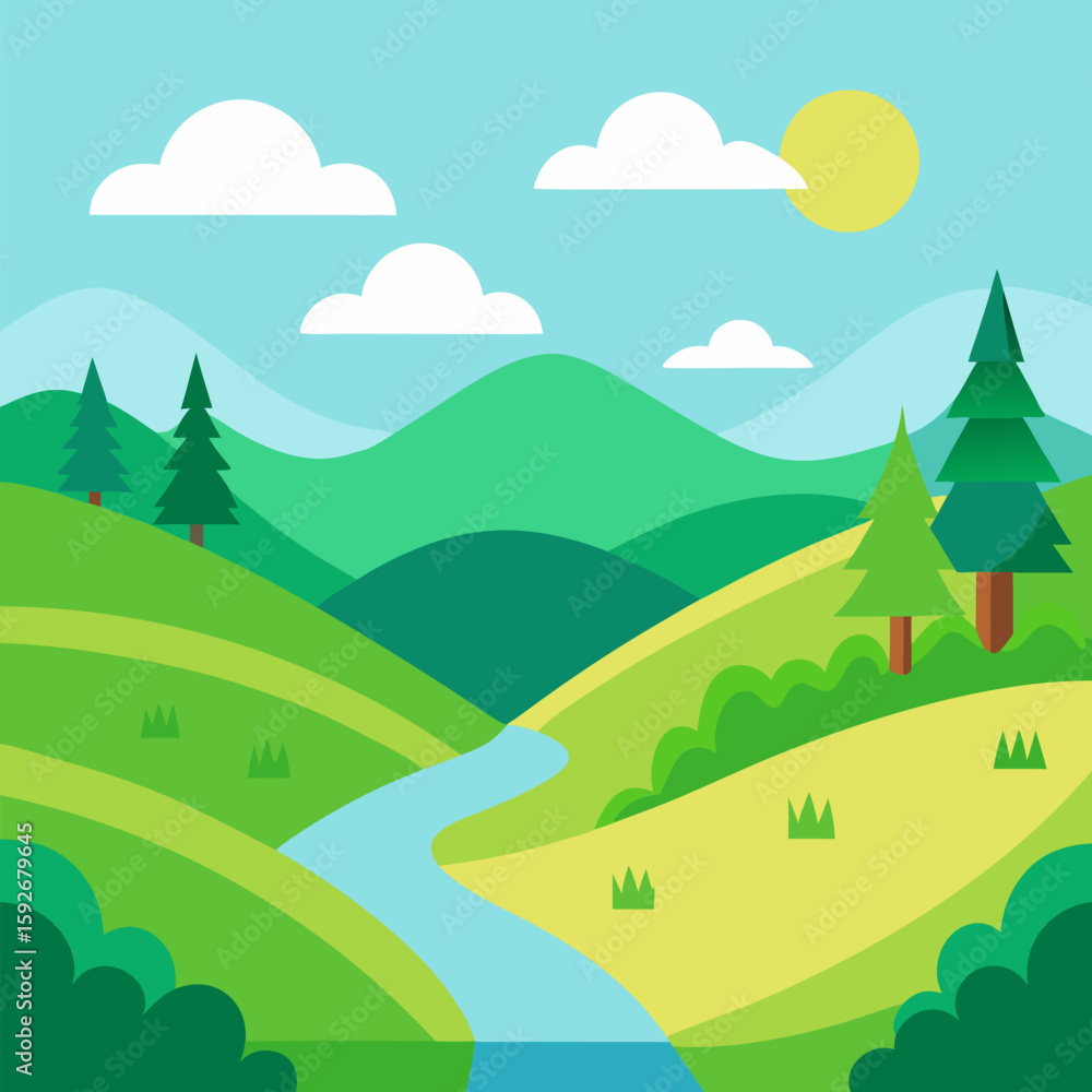 Obraz premium Spring or summer landscape with field, green hills, river and forest vector natural background.