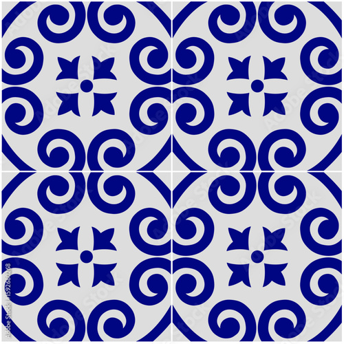 Decorative ceramic tiles. Hydraulic ceramics with Portuguese and Spanish motifs. Digital design. Blue and white floral decorative ornament.
