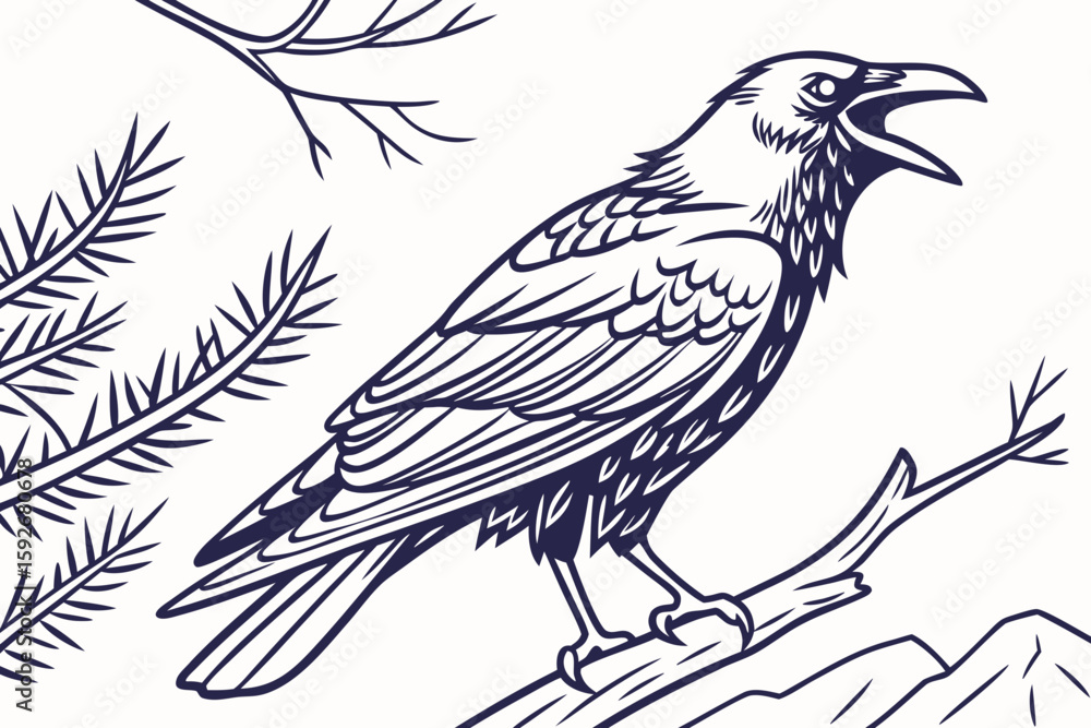 Naklejka premium coloring page line art the crow black vector