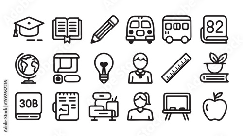 Education and School Icons – Graduation, Book, Teacher, and Student Symbols"