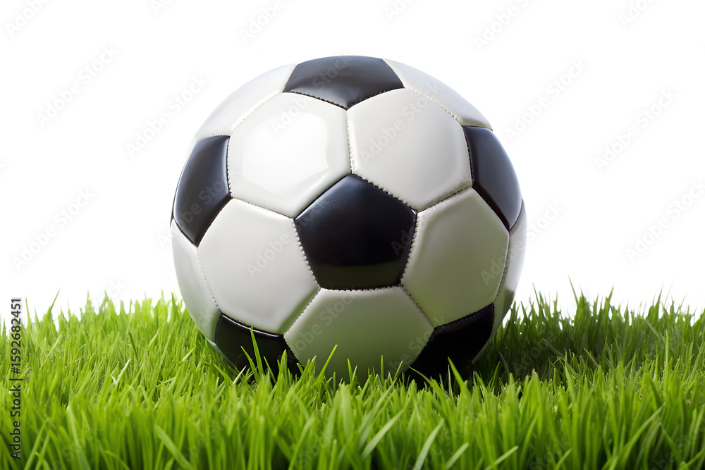 Obraz premium A classic black and white soccer ball resting on a patch of vibrant green grass, ready for a game isolated on transparent background