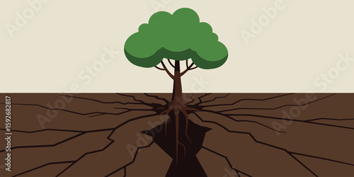 Tree growing over cracked earth symbolizing resilience and hope amidst climate challenges