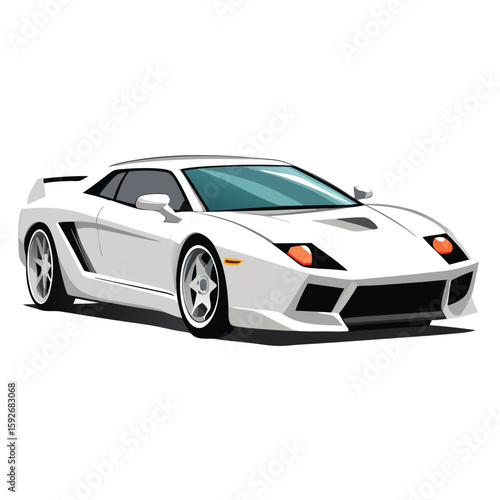 A sleek white supercar captured from a dynamic low-angle front view, standing alone on a crisp, isolated background.