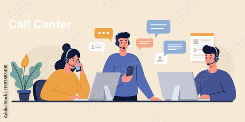 Customer support team at call center with laptops and headsets
