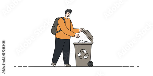 Man disposing paper in recycling bin: promoting environmental responsibility in flat design