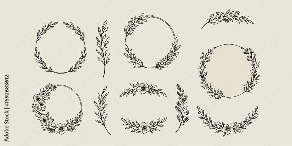 Obraz premium Elegant hand drawn floral frames and wreaths for sophisticated design projects