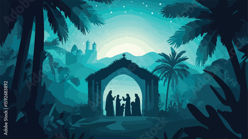 Christmas lettering with Holy Family illustration