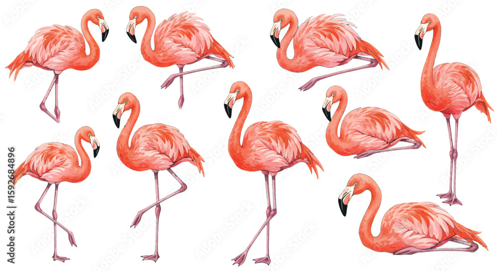 Fototapeta premium Elegant flamingo collection on white background in watercolor style