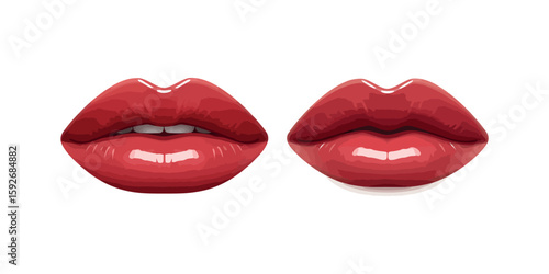 Realistic glossy red lips set on white background