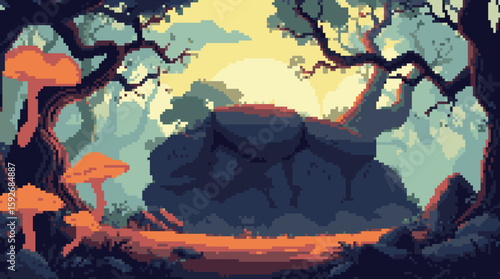 Pixel Art Forest Glade at Sunrise with Giant Mushroom