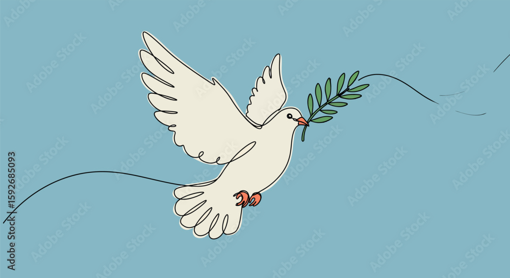 Obraz premium Dove with olive branch in continuous line art on light blue background