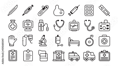  "Healthcare and Medical Icons – Stethoscope, Syringe, Ambulance, and Health Symbols"