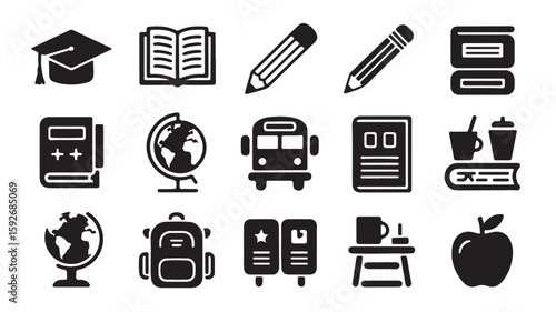  "School and Education Icons – Graduation, Book, Pencil, Globe, and Classroom Symbols"
