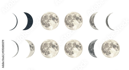 Phases of the moon in watercolor style with luna cycles on white background