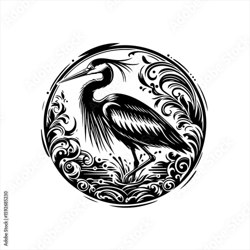 A heron standing on white water