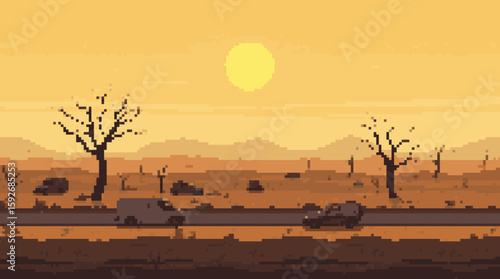 Pixelated Desert Road Trip at Sunset