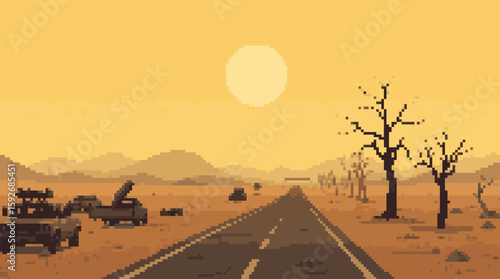 Post-Apocalyptic Pixel Art Desert Road with Wrecked Vehicles