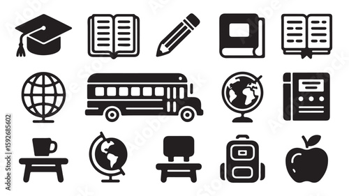  "School and Education Icons – Graduation, Book, Pencil, Globe, and Classroom Symbols"