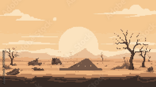 Pixel Art Desert Landscape with Setting Sun and Sparse Vegetation