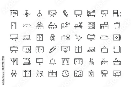 School and Classroom Related Icon Set in Black and White Outline Style