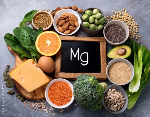 healthy foods high in magnesium with wooden board labeled mg