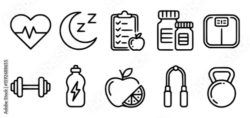 Health and fitness icons depicting heart pulse sleep moon checklist apple supplement bottles scale dumbbell water bottle citrus fruit jump rope and kettlebell