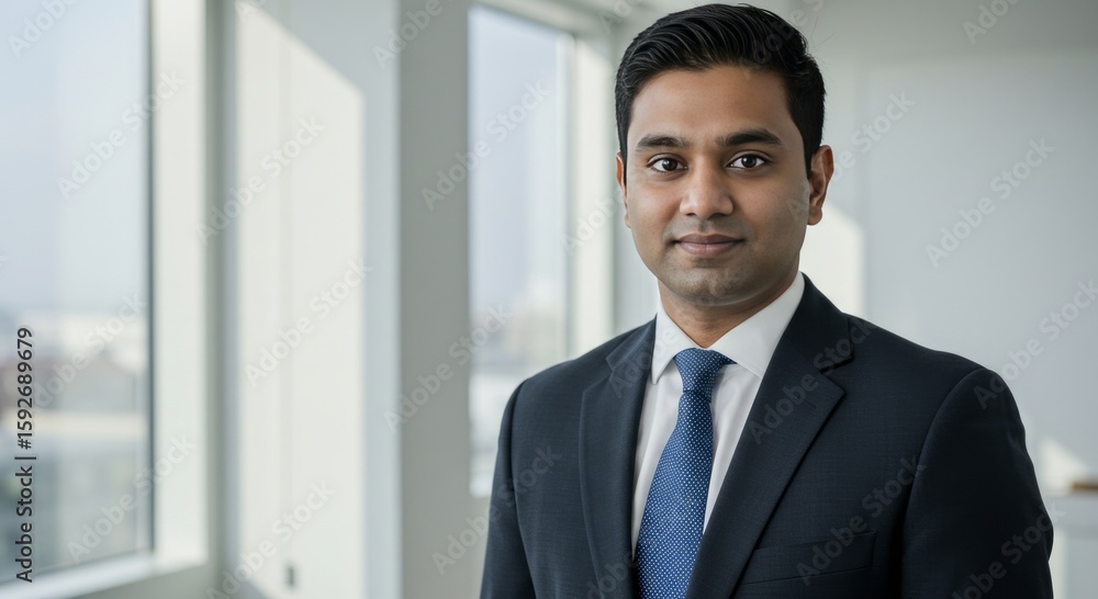 Fototapeta premium Professional indian businessman in a dark suit and blue tie posing confidently