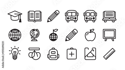 "Educational Icons – Graduation, Book, Pencil, Globe, and Classroom Symbols"