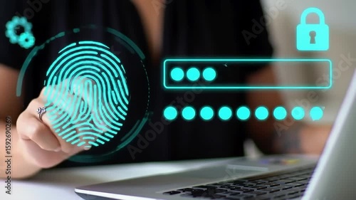 Woman's hand touches laptop screen with fingerprint scan, lock icon, & password fill, emphasizing data security & computer protection