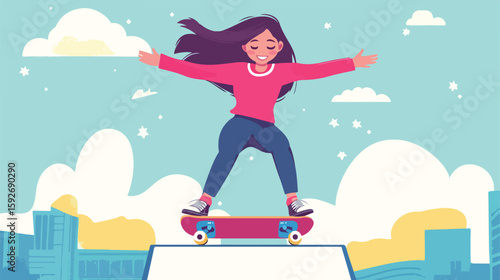 Joyful young girl skateboarding on ramp