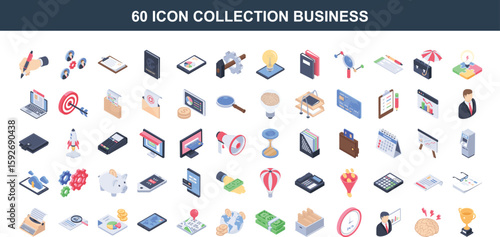 60 Set Isometric Business Icons Collection Finance, Marketing, and Technology Symbols. Vector illustration