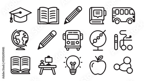"Educational Icons – Graduation, Book, Pencil, Globe, and Classroom Symbols"