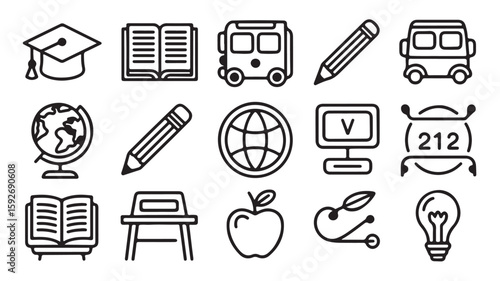 "Educational Icons – Graduation, Book, Pencil, Globe, and Classroom Symbols"