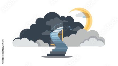 Stairway to heaven vector illustration with clouds and moon in the sky concept design graphic art