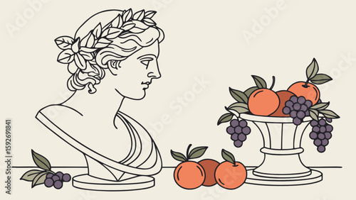 Ancient greek bust sculpture with fruit bowl still life vector illustration design art drawing image