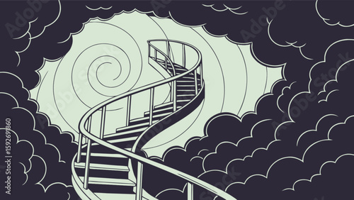 Spiral staircase to heaven vector art illustration, stairway to sky and clouds, dreamscape concept art