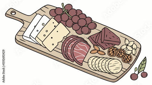 Delicious cheese board charcuterie board with grapes meat crackers and nuts for gourmet food lovers