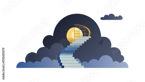 Stairway to heaven illustration, steps to success, dream concept, night sky, clouds, moon, achievement, path 100