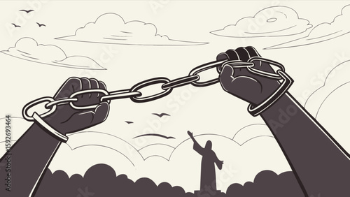 Freedom liberation emancipation concept breaking chains overcoming oppression silhouette illustration vector art